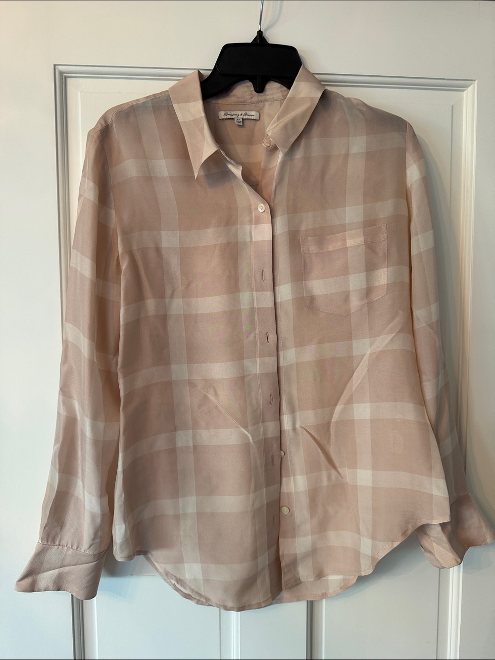 Madewell Plaid Silk Button-Up Blouse in Light Blush and Cream